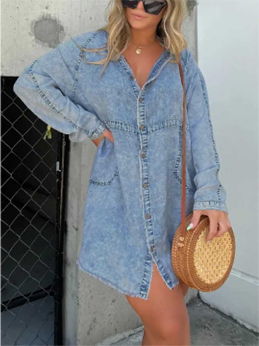 V-neck Washed Loose Shirt Denim Skirt