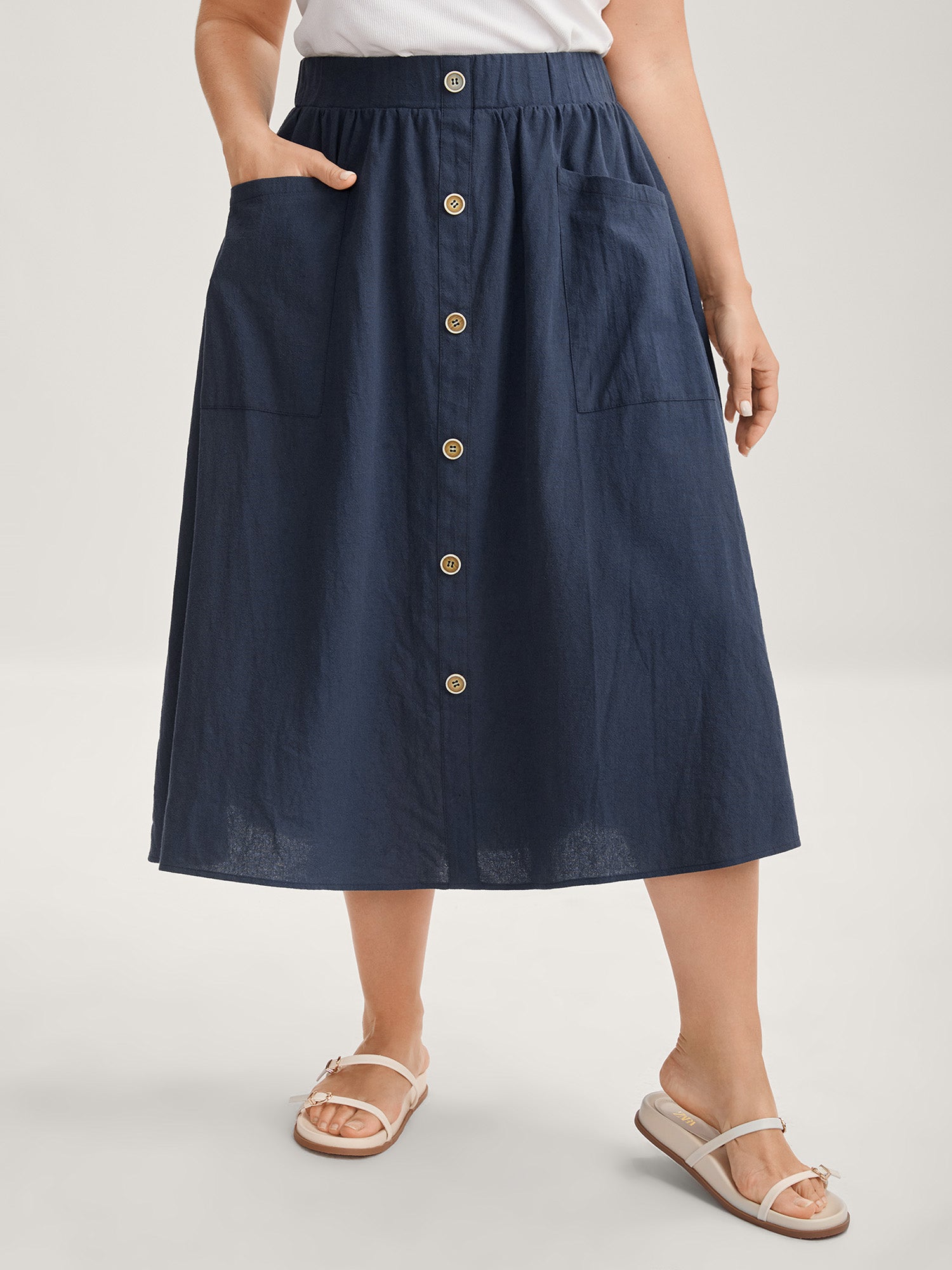 Solid Button Detail Midi Skirt