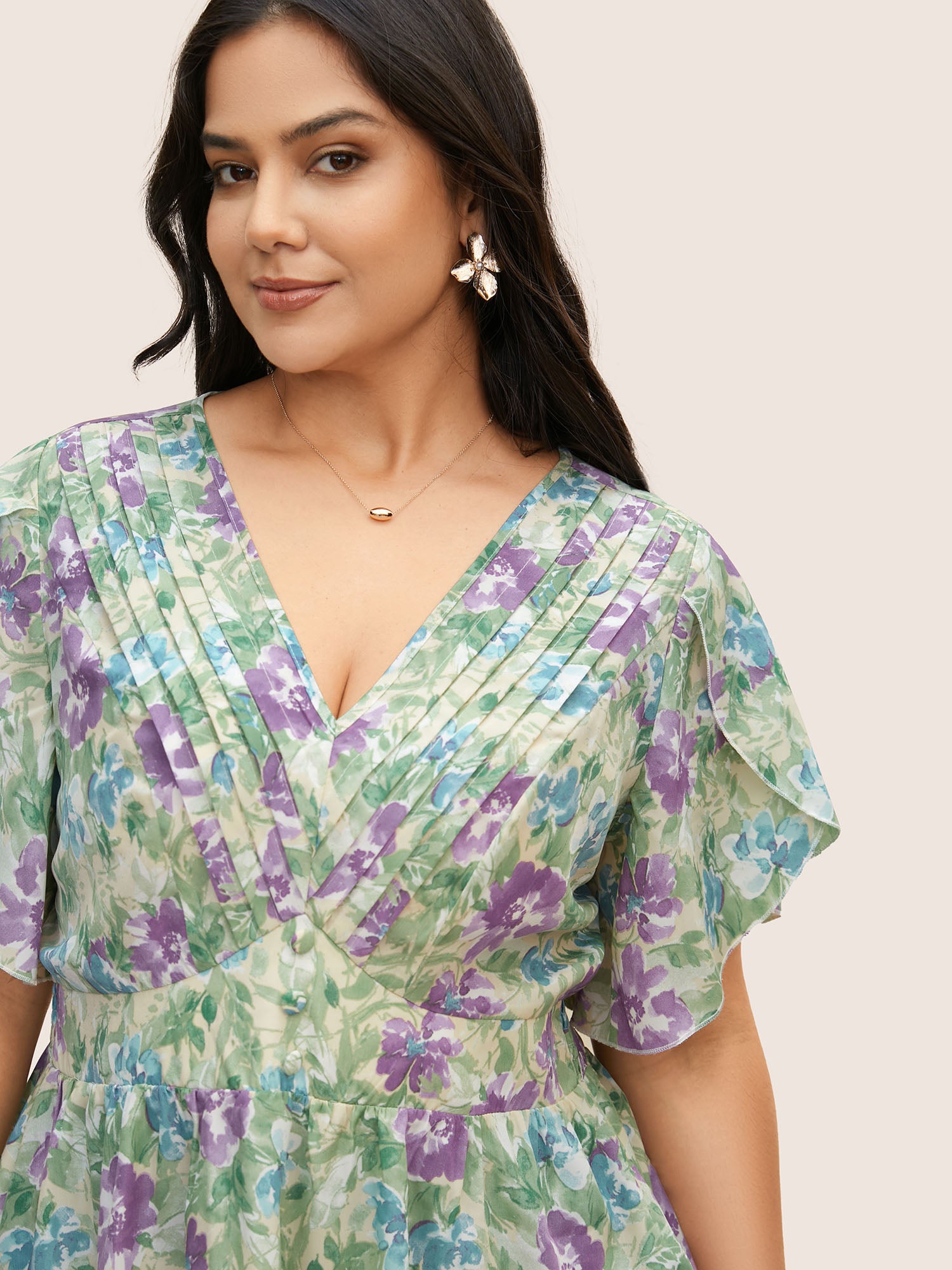 V Neck Floral Petal Sleeve Pleated Blouse