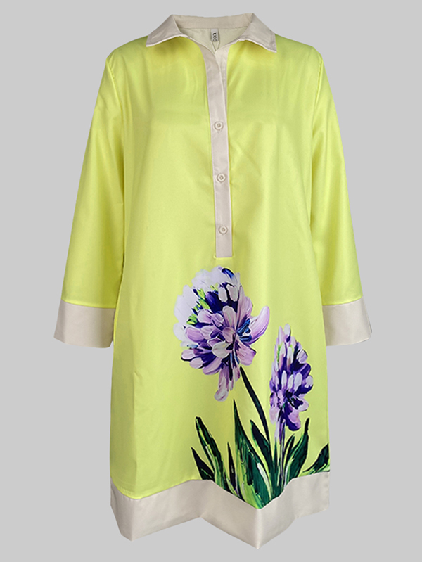 A-Line Loose Buttoned Flower Print Stand Collar Mini Dresses