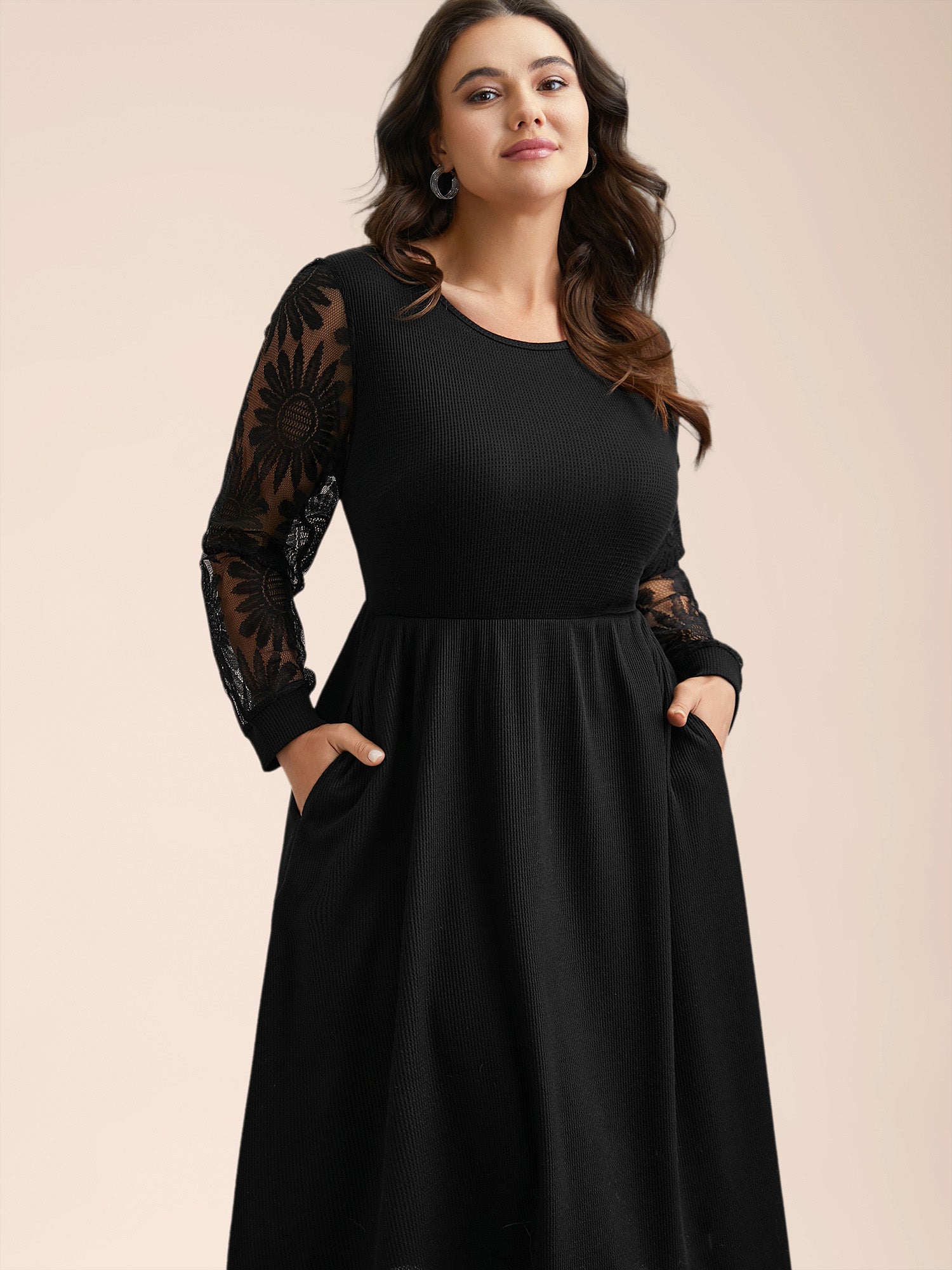 Sheer Textured Sleeve Waist Cinched Midi Dress