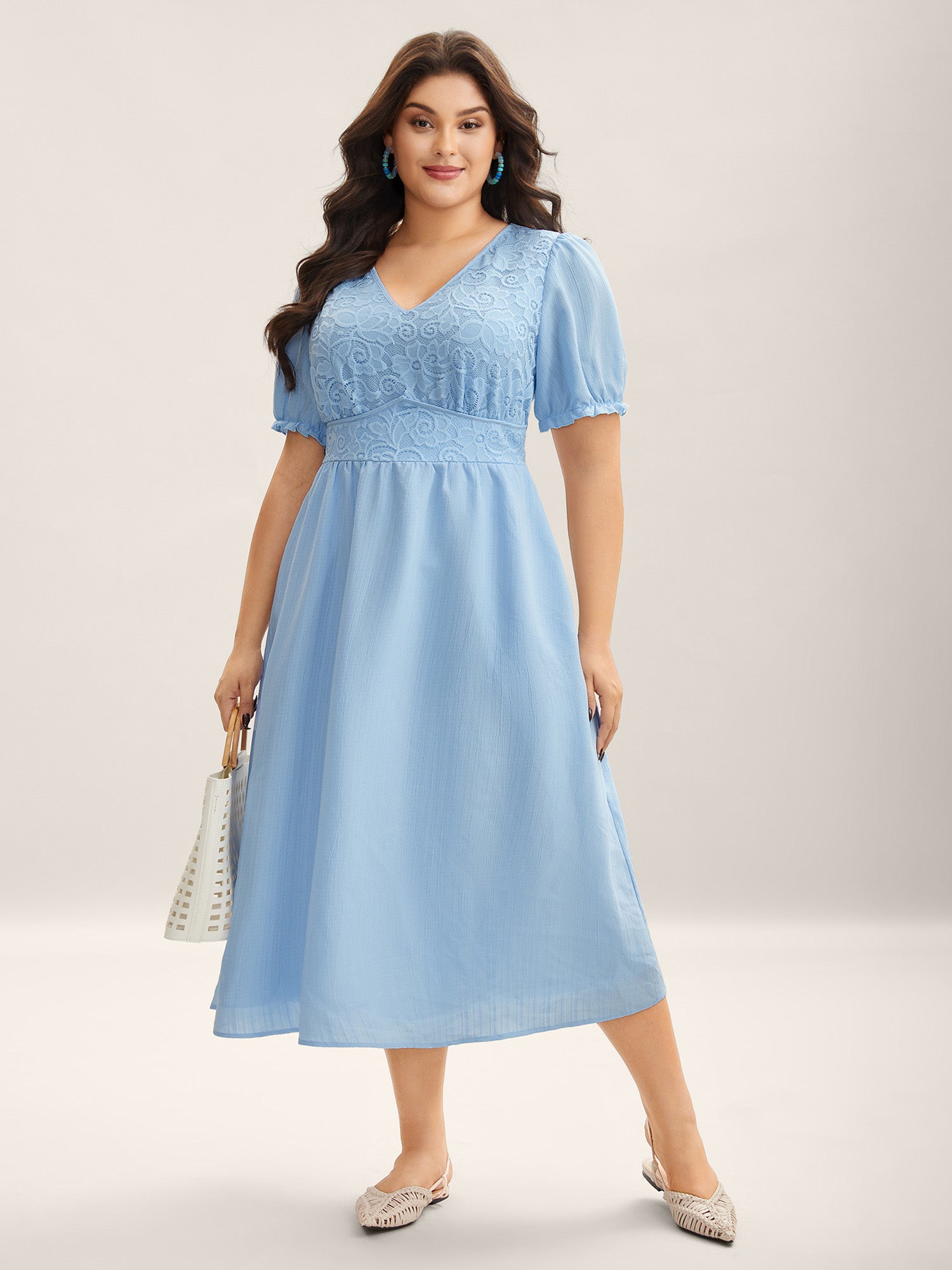 V Neck Textured Lace Midi Dress