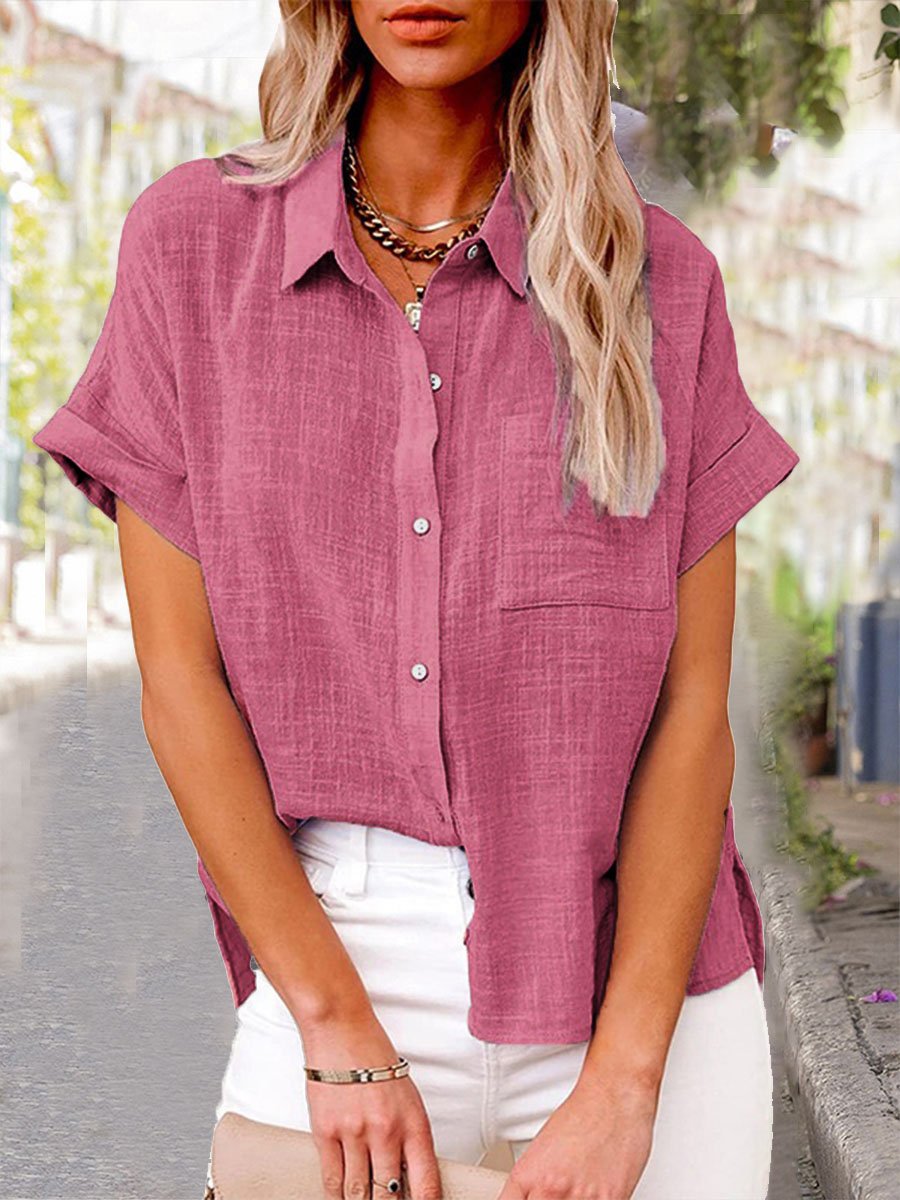 Women's Solid Color Pocket Short Sleeve Cotton Shirt