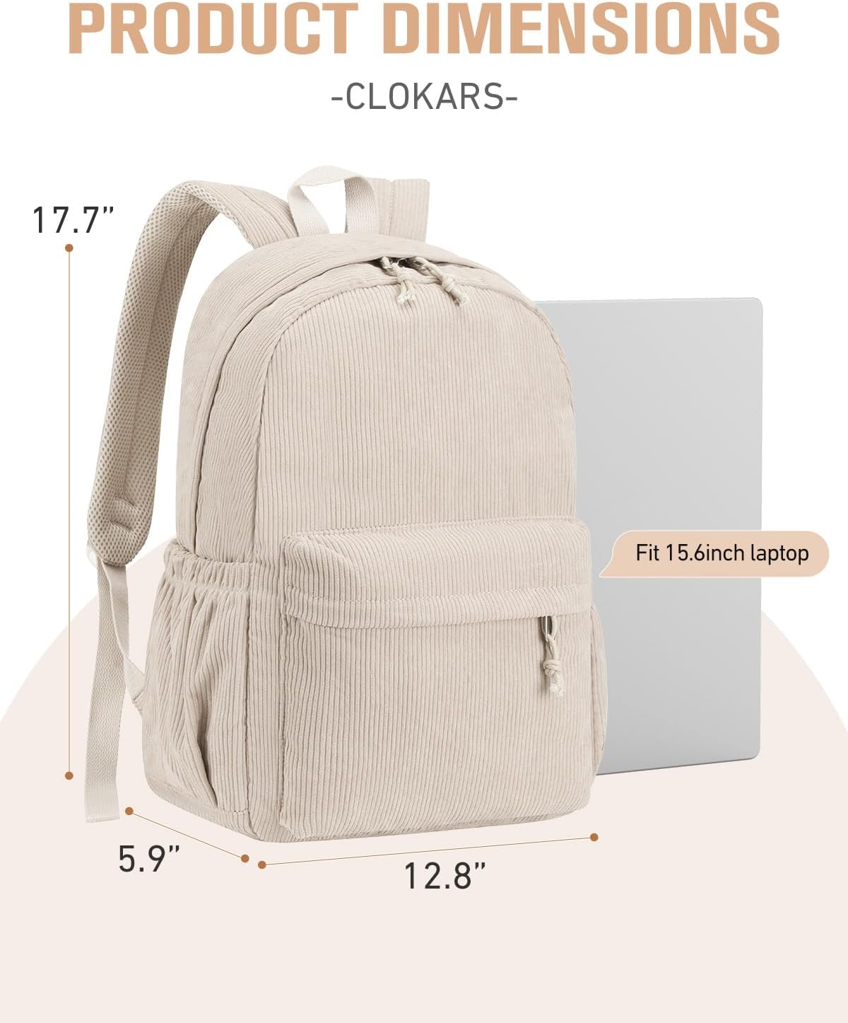 School Backpack for Teens Girls Boys, Large Corduroy College Bookbag Lightweight Backpack Purse for Women Fit for 15.6 Inch Laptop (Beige)