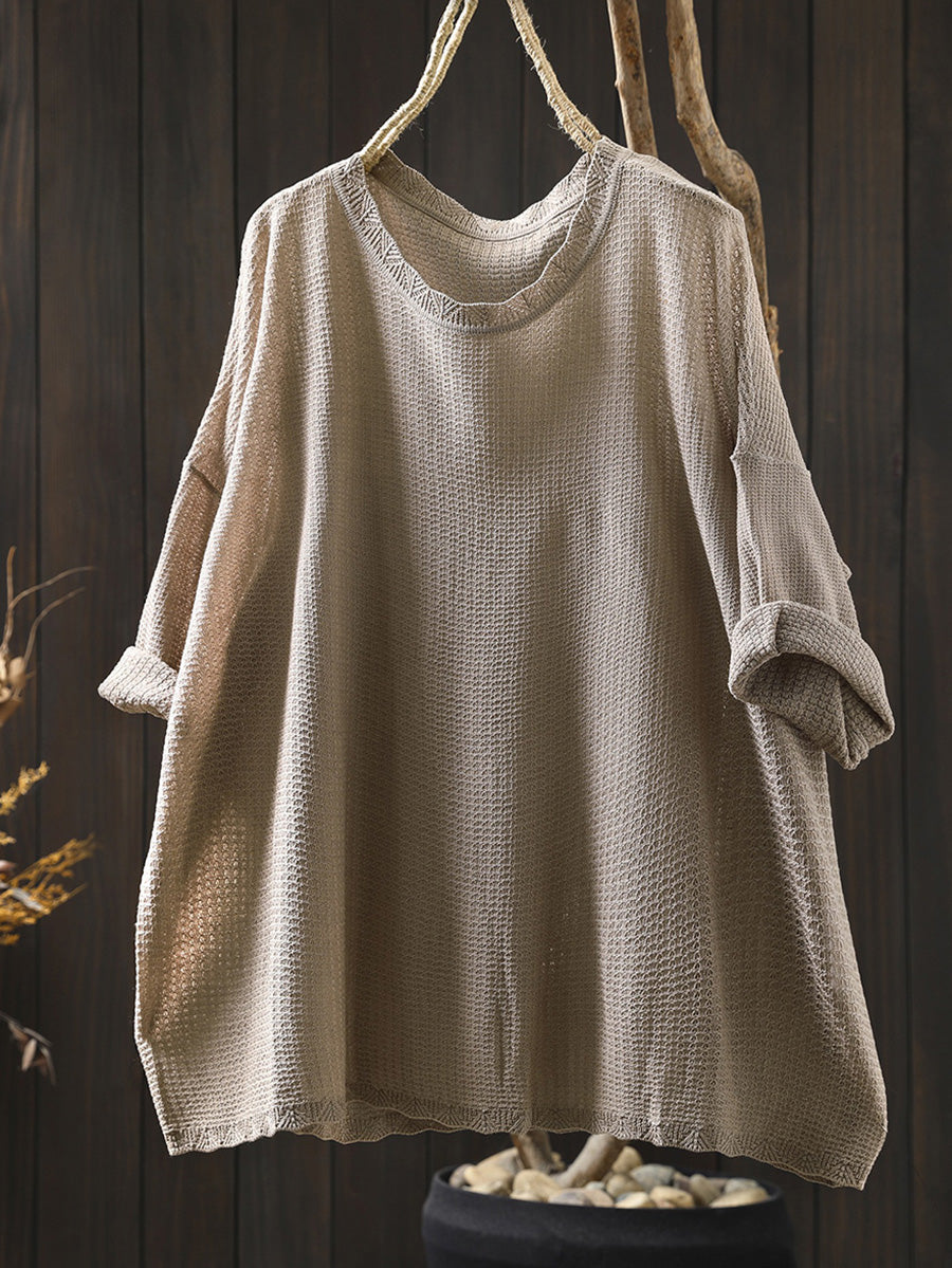 Women Summer Artsy Pure Color Knitted O-Neck Shirt