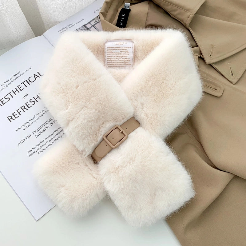Women's Plush Collar Scarf With Belt Buckle Autumn And Winter Warm Fashionable All-match Cross Scarf