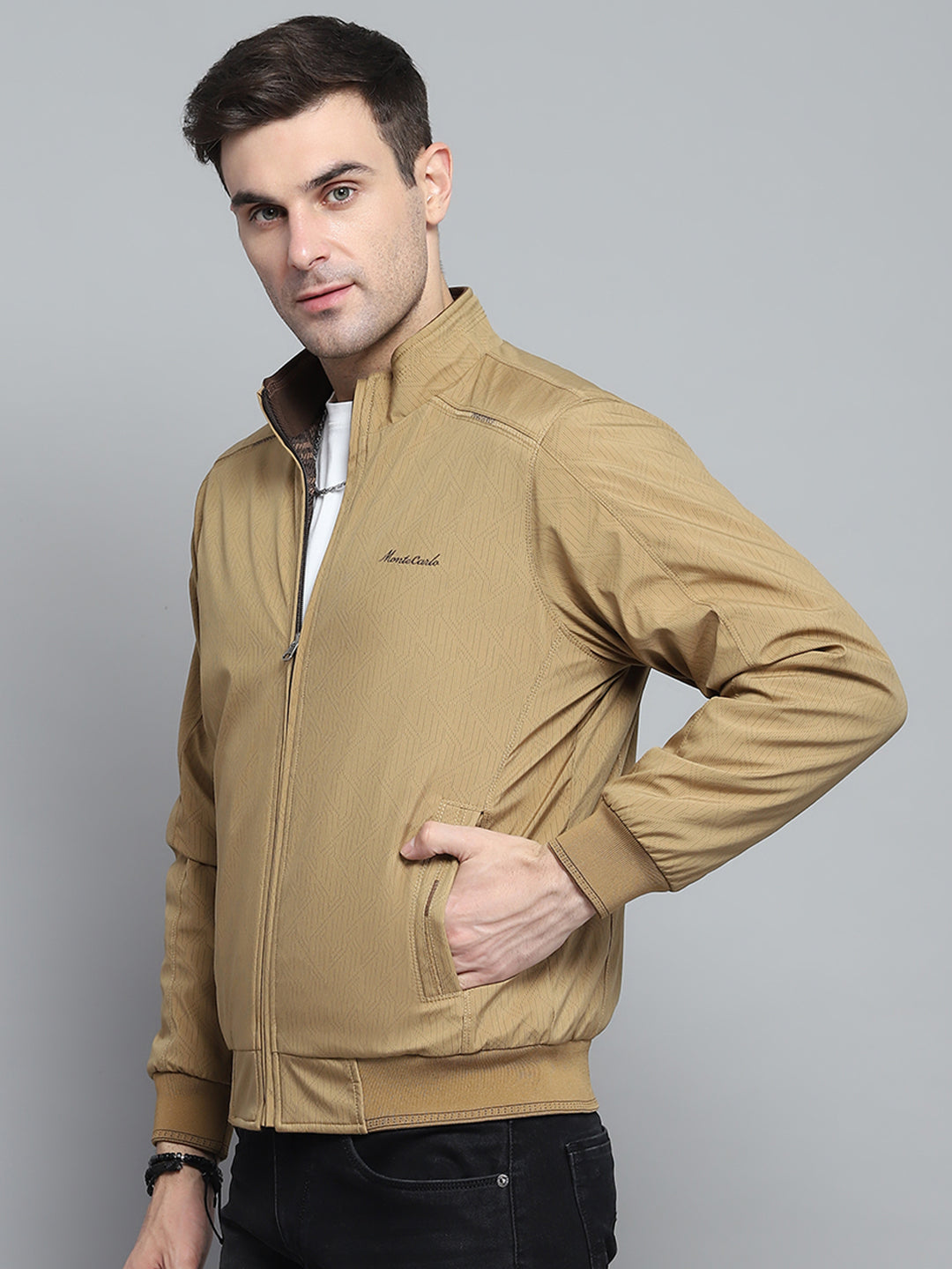 Men Khaki Solid Mock Neck Full Sleeve Jacket