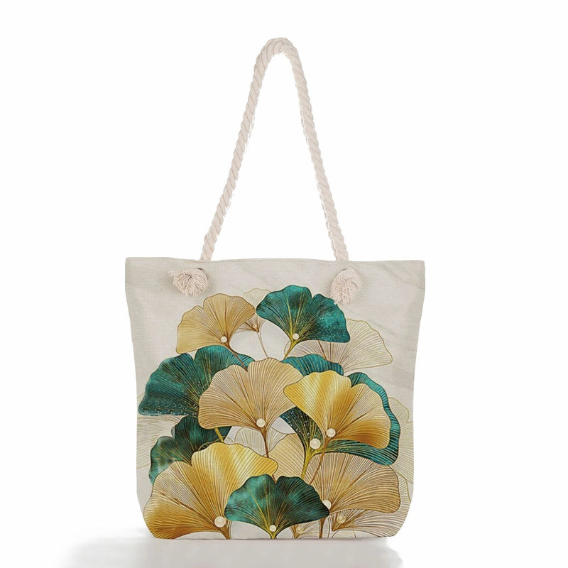 Green Leaf Printed Cotton Rope Bag Large Capacity Shoulder Bag Student Book Tote Bag Printable Logo