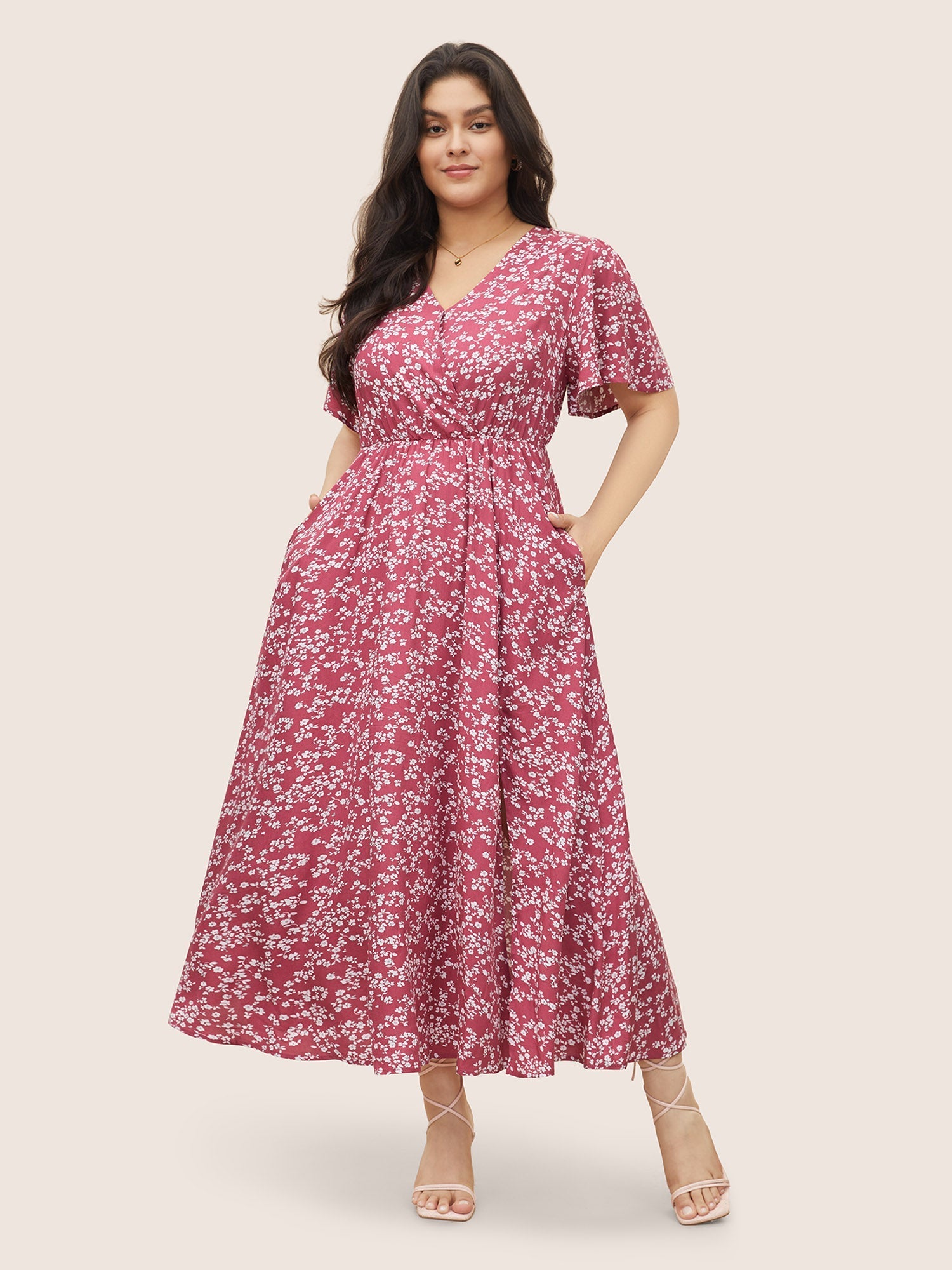 Bloom Dress - Flutter Sleeve Ditsy Floral Bag Split Maxi Dress