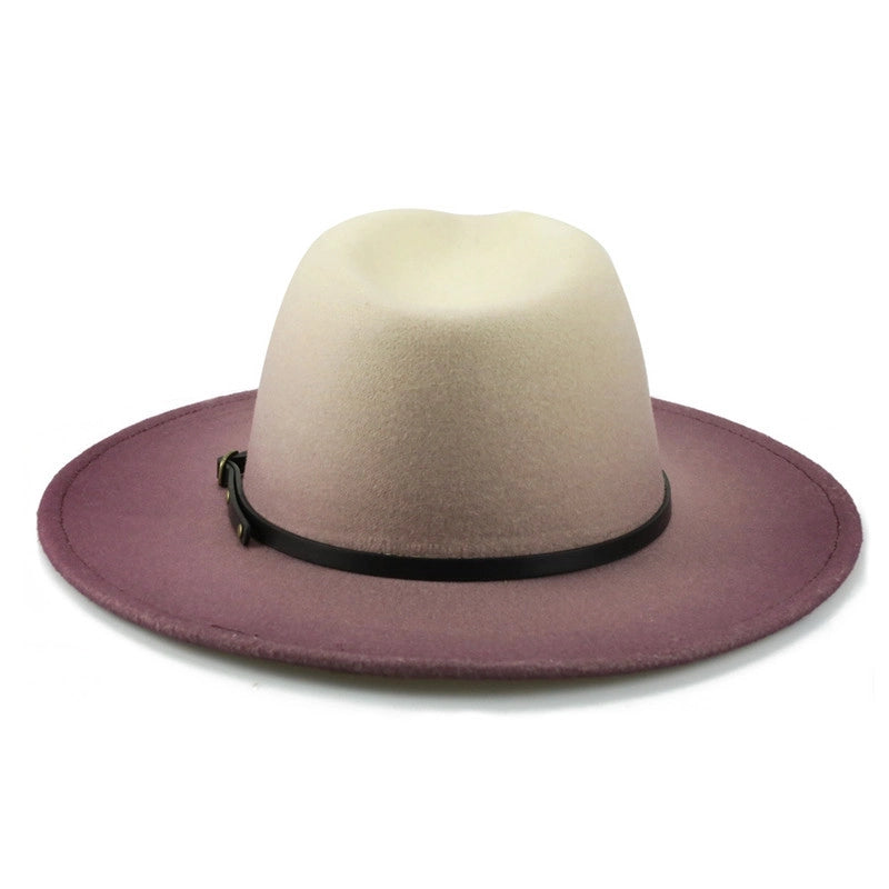 New Fashion Woolen Hat Belt Gradient Color Felt Hat Autumn And Winter Big Brim Men And Women Jazz Hat Two-color British Hat