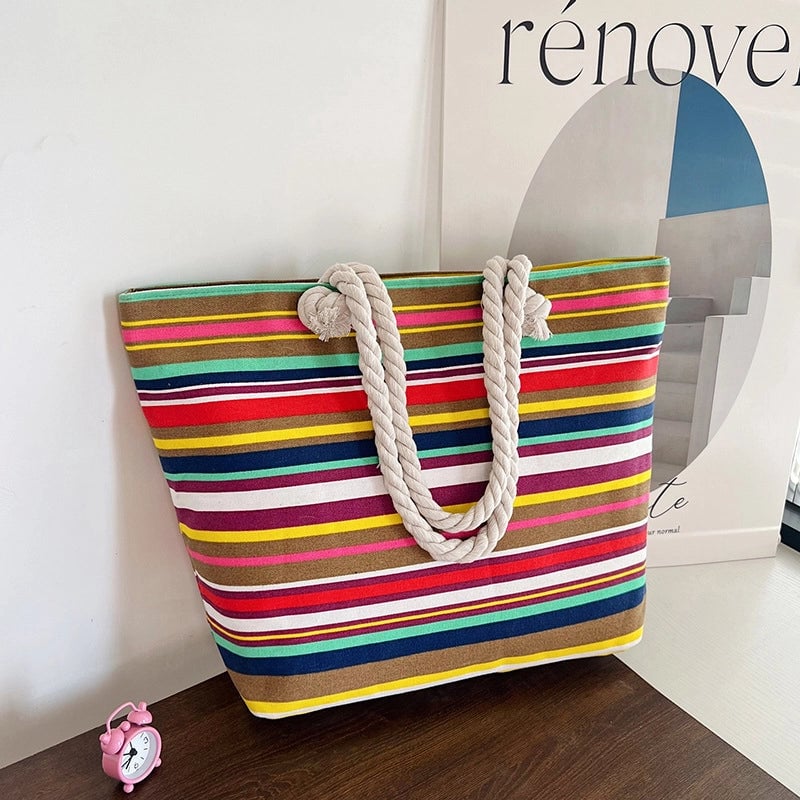 Women's Medium Canvas Geometric Stripe Streetwear Sewing Thread Square Zipper Tote Bag