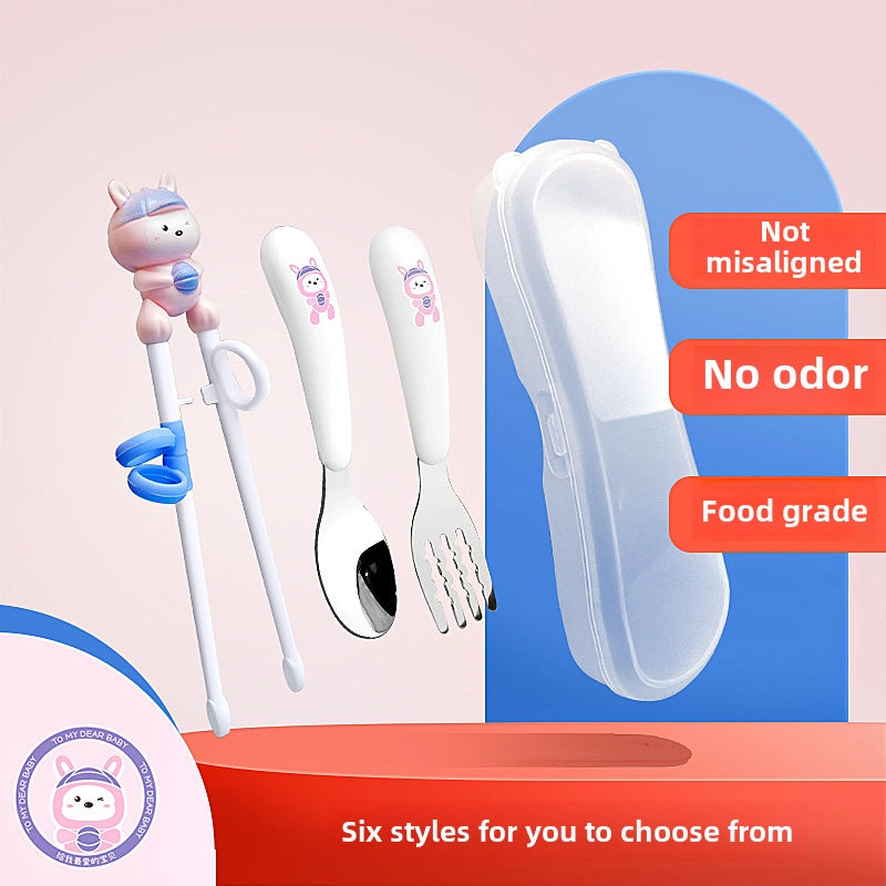 Portable Feeding Children's Tableware Set Cartoon Learning Chopsticks Training Chopsticks 304 Stainless Steel Spoon Fork