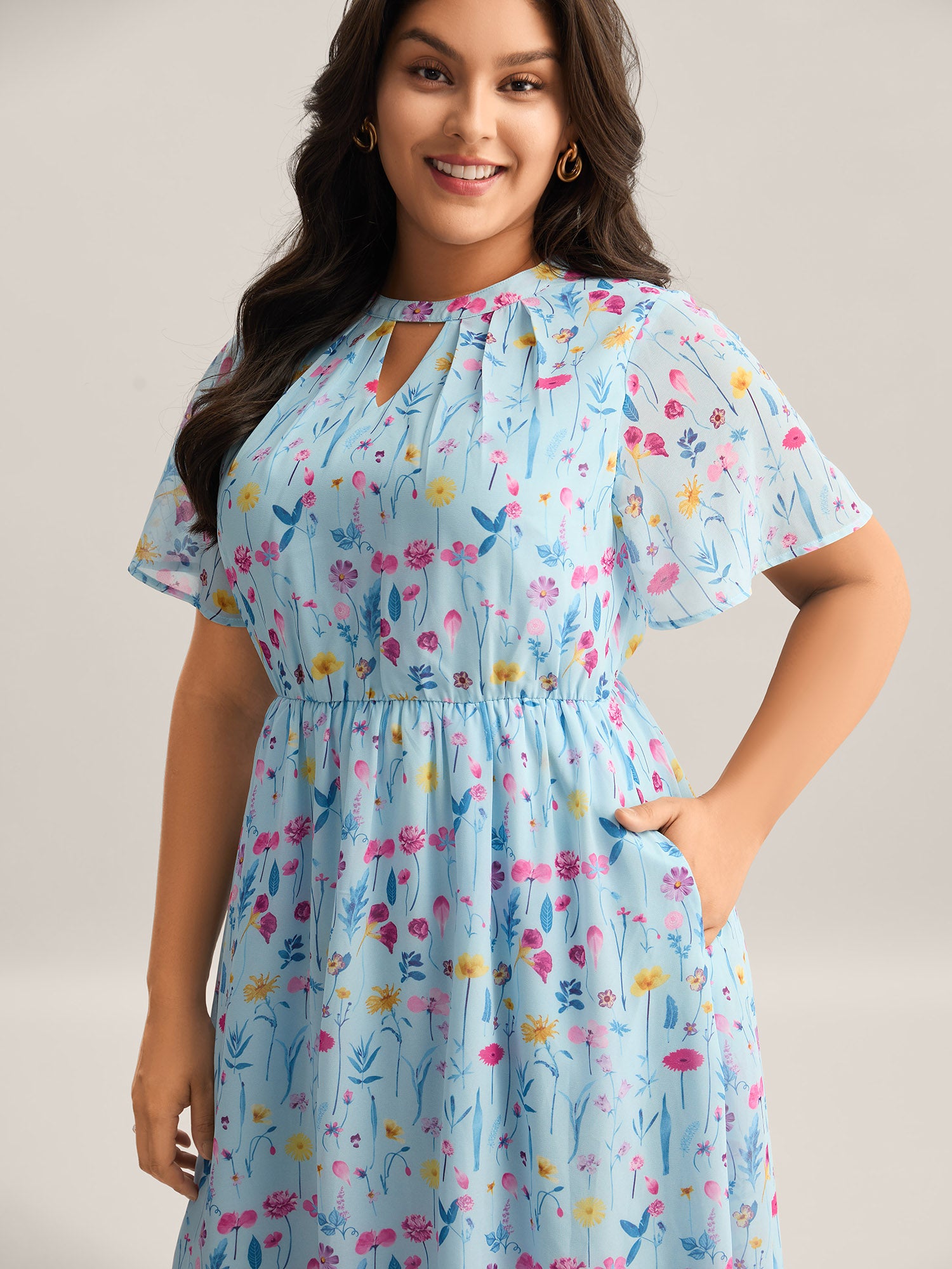 Garden Print Stretchy Sheer Midi Dress