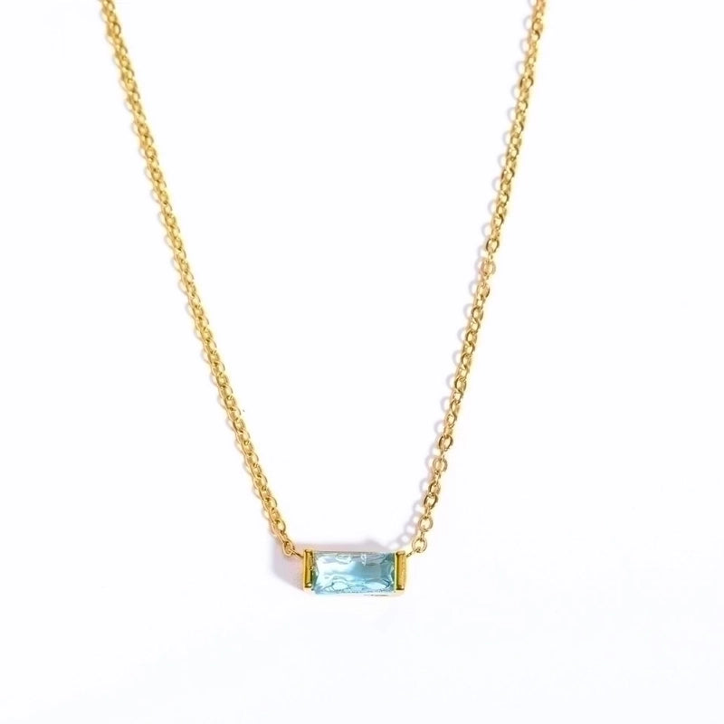 201 Stainless Steel Retro Inlay Rectangle Birthstone Zircon Pendant Necklace