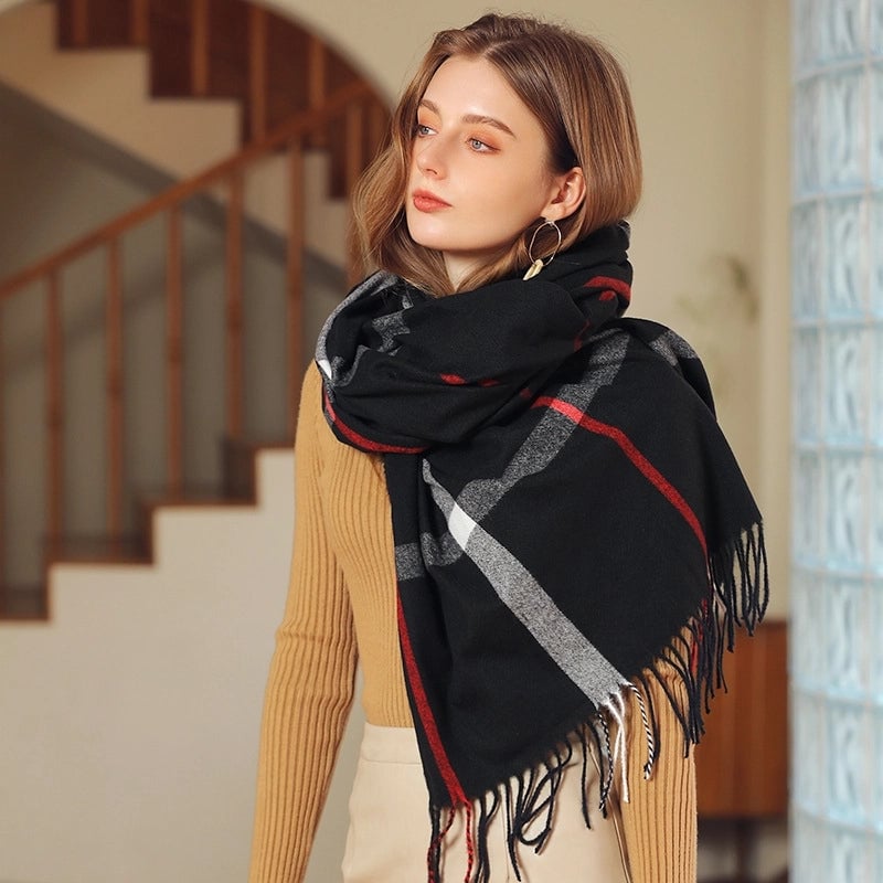 Unisex Streetwear Lattice Imitation Cashmere Tassel Winter Scarves
