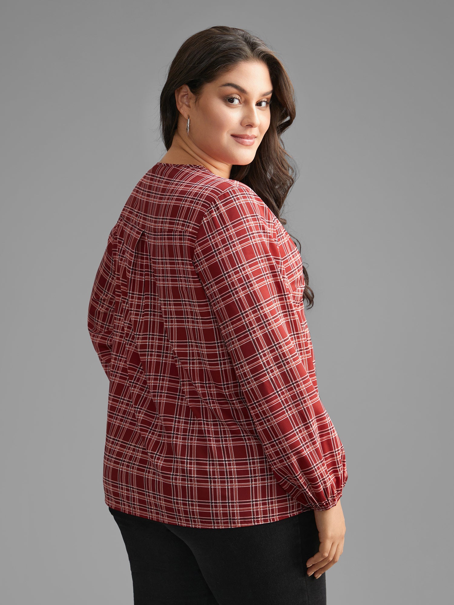 Plaid Zipper Front Lantern Sleeve Blouse