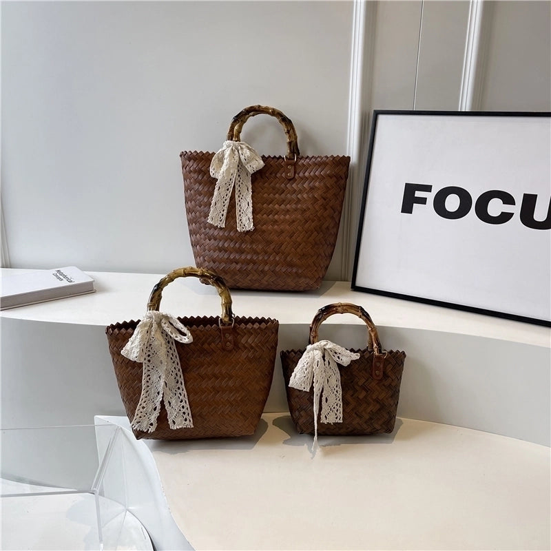 Women's Medium Straw Solid Color Vacation Beach Weave Open Straw Bag