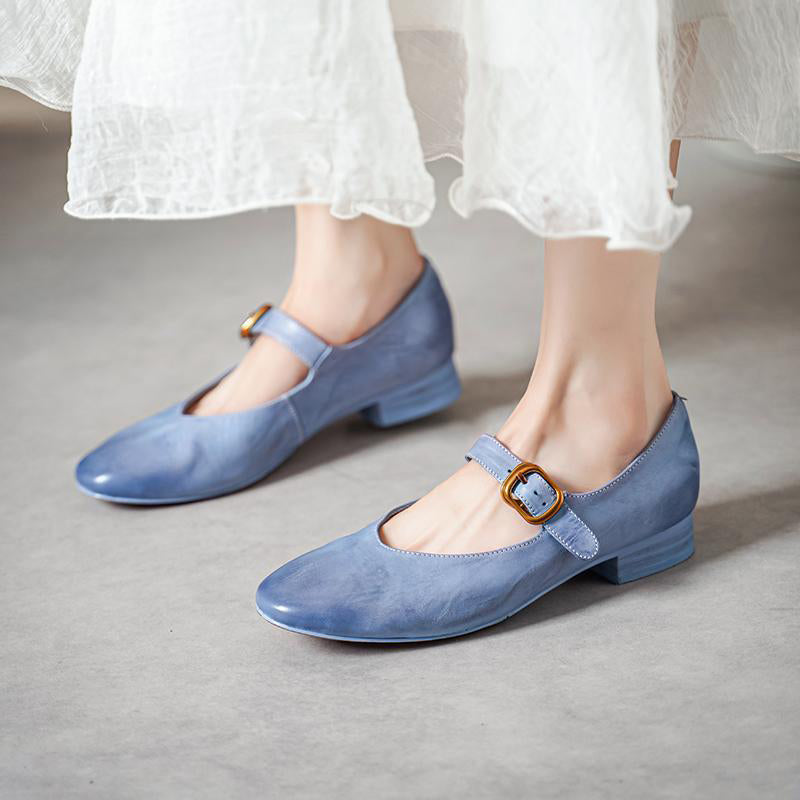 Vintage Handmade Soft Washed Horse Leather Mary Jane Shoes Pink/Blue/Yellow