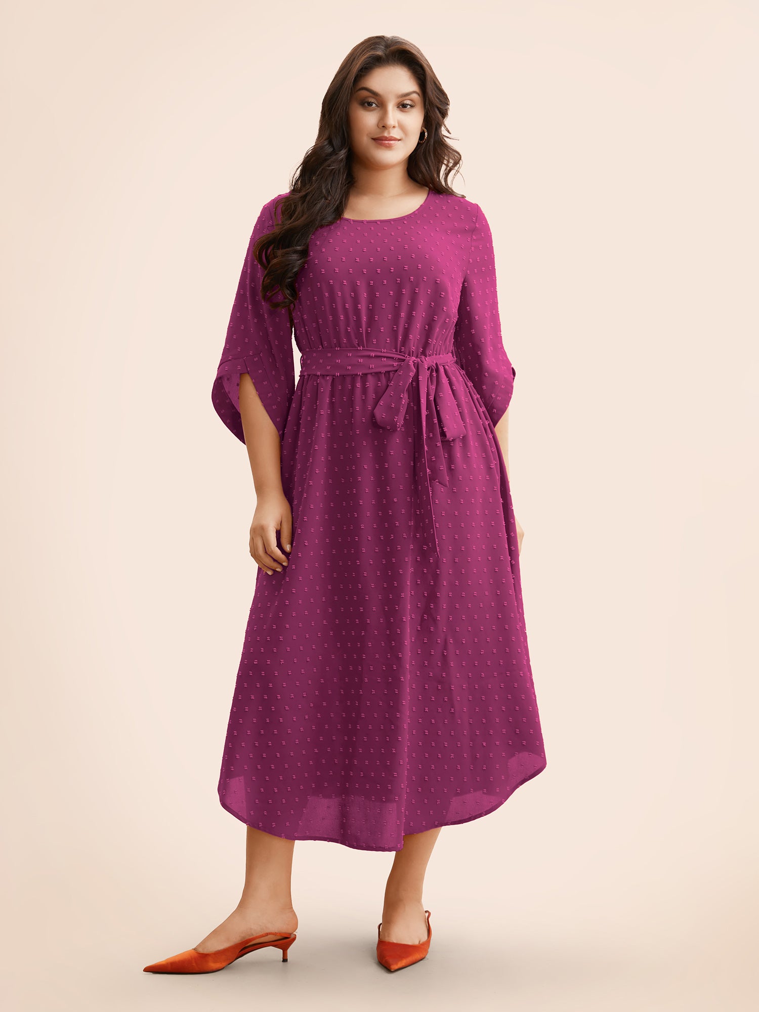 Textured Bell Sleeve Belted Arc Hem Dress