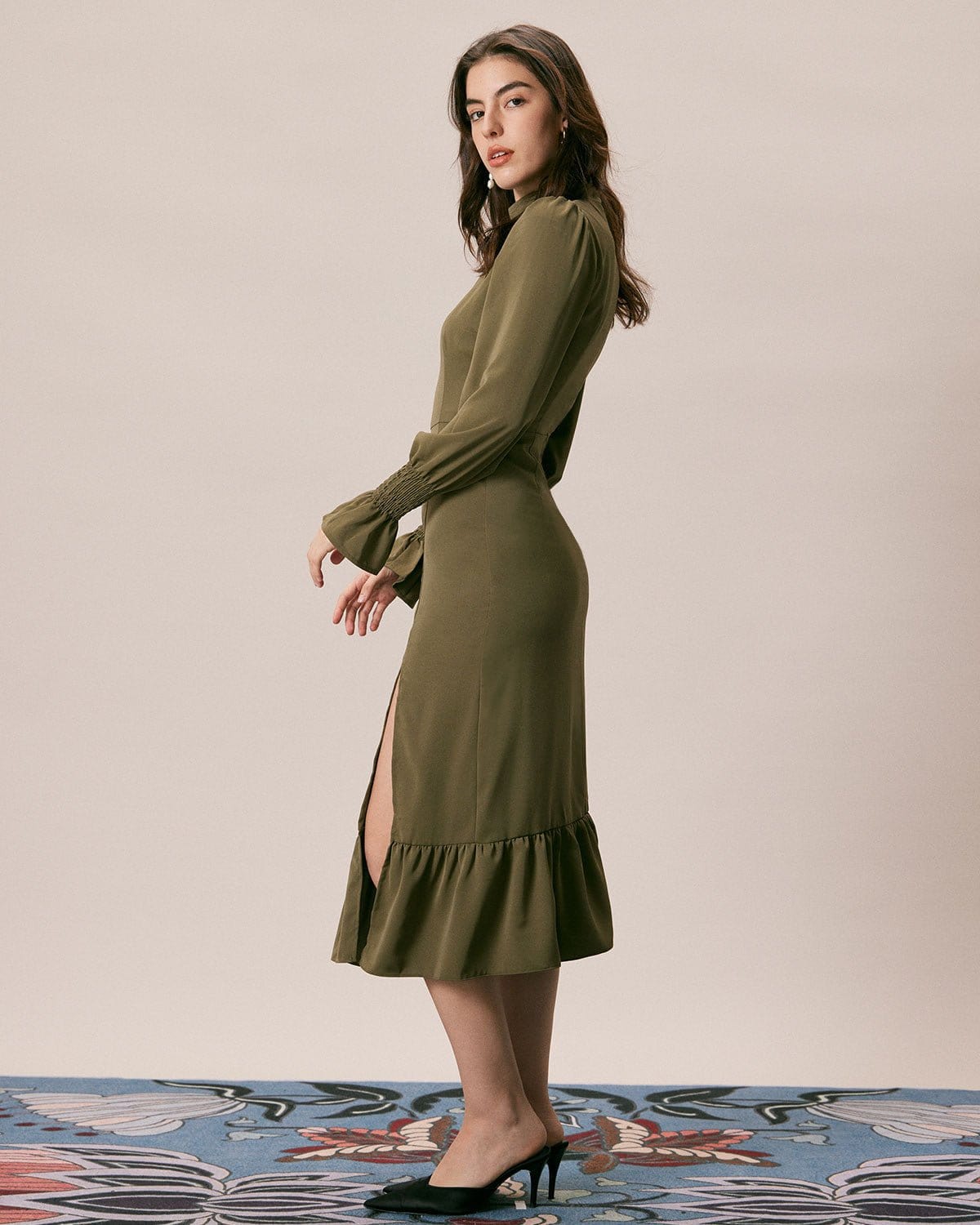 The Army Green Mock Neck Ruffle Midi Dress