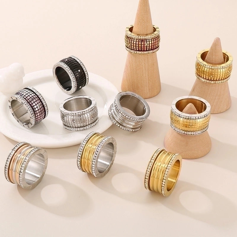 Lady Roman Numeral Titanium Steel Rhinestones 18K Gold Plated Inlay Rings
