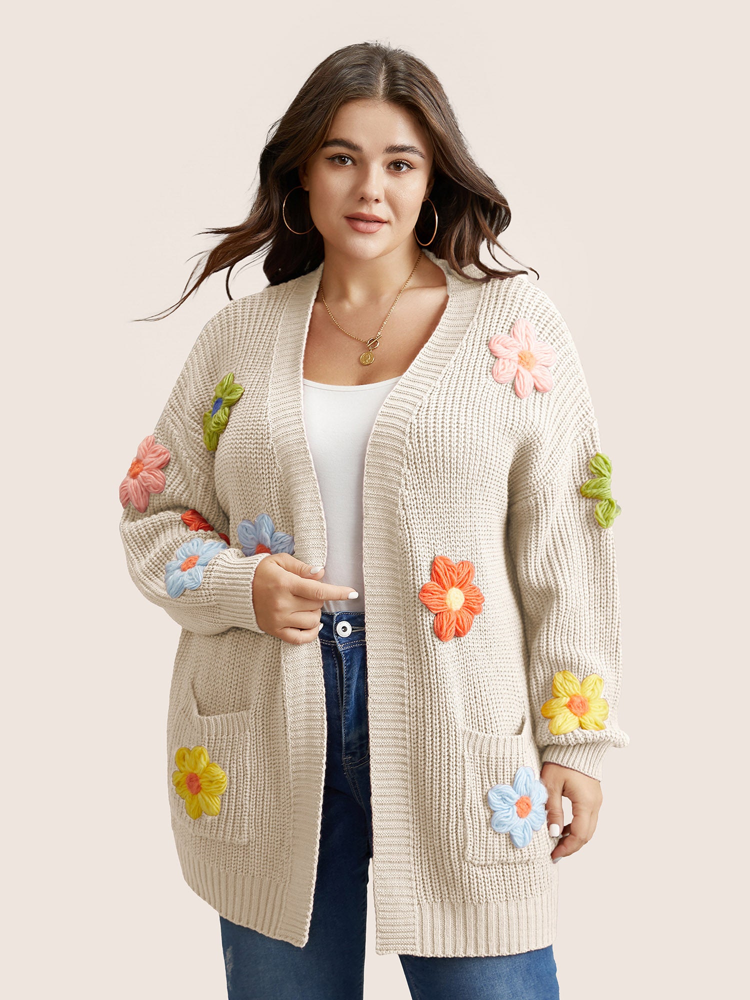 Rainbow Floral Pocket Open Front Cardigan