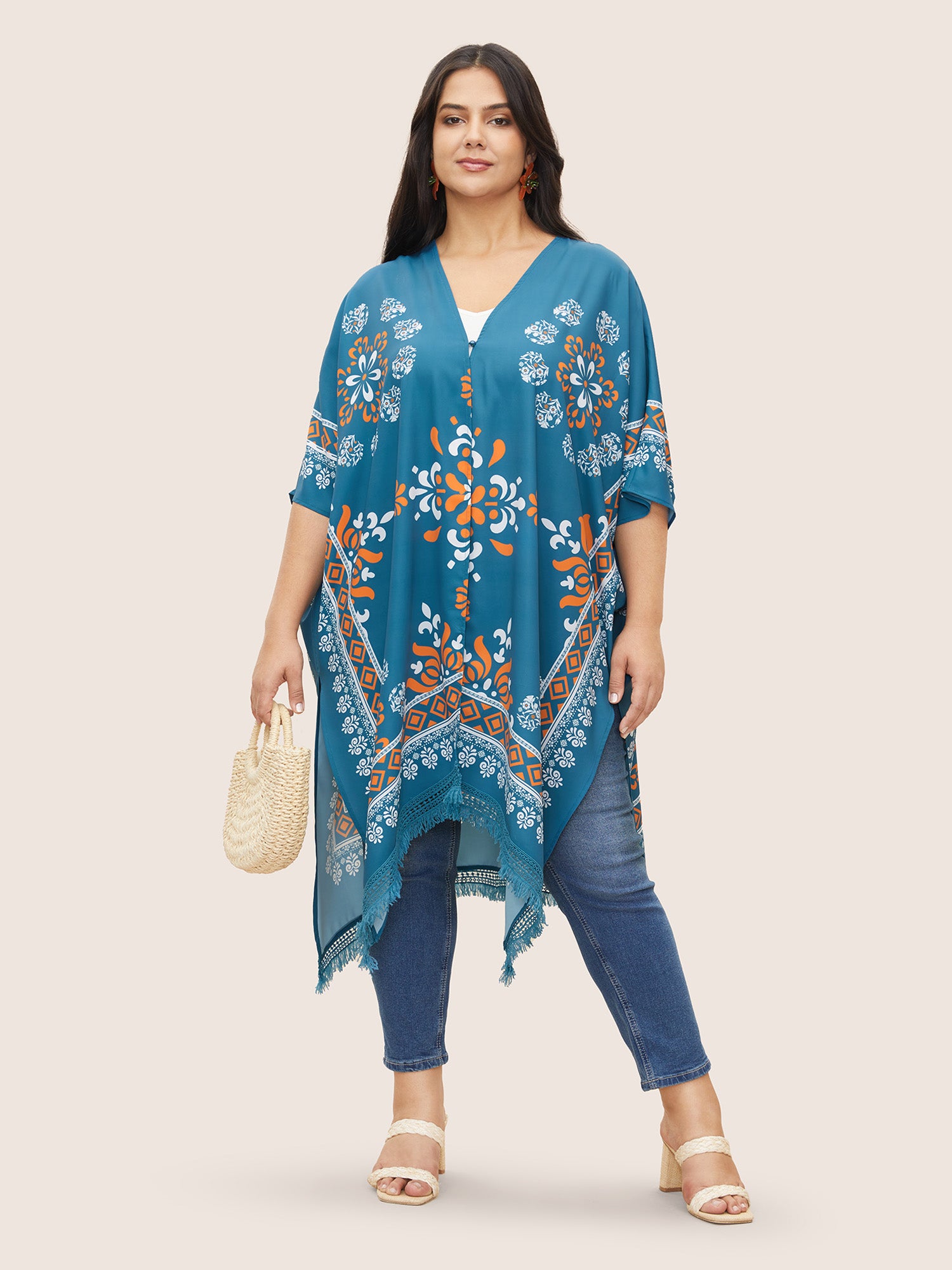 Boho Print Lace Panel Raglan Sleeve Fringe Hem Kimono