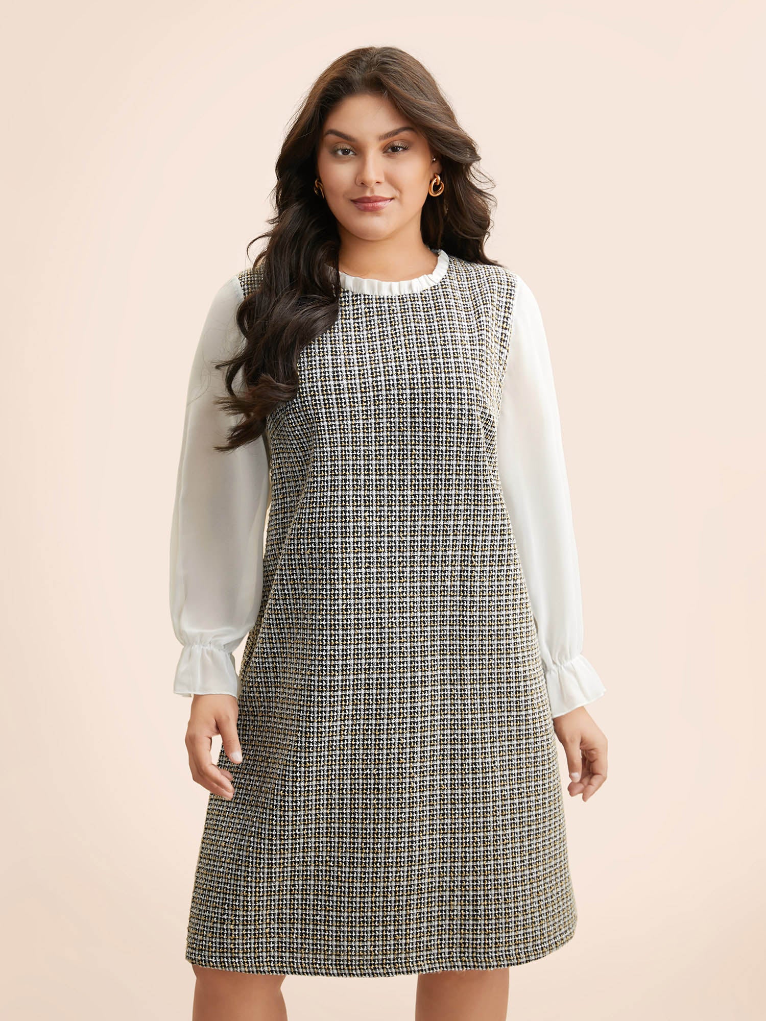 Tweed Patchwork Ruffle Trim Dress