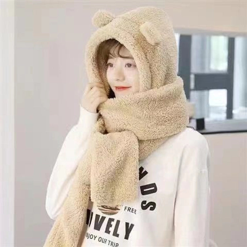 Autumn And Winter Lamb Velvet Padded Cute Bear Ears Hat Scarf Warm Scarf One-piece Warm Rabbit Hat