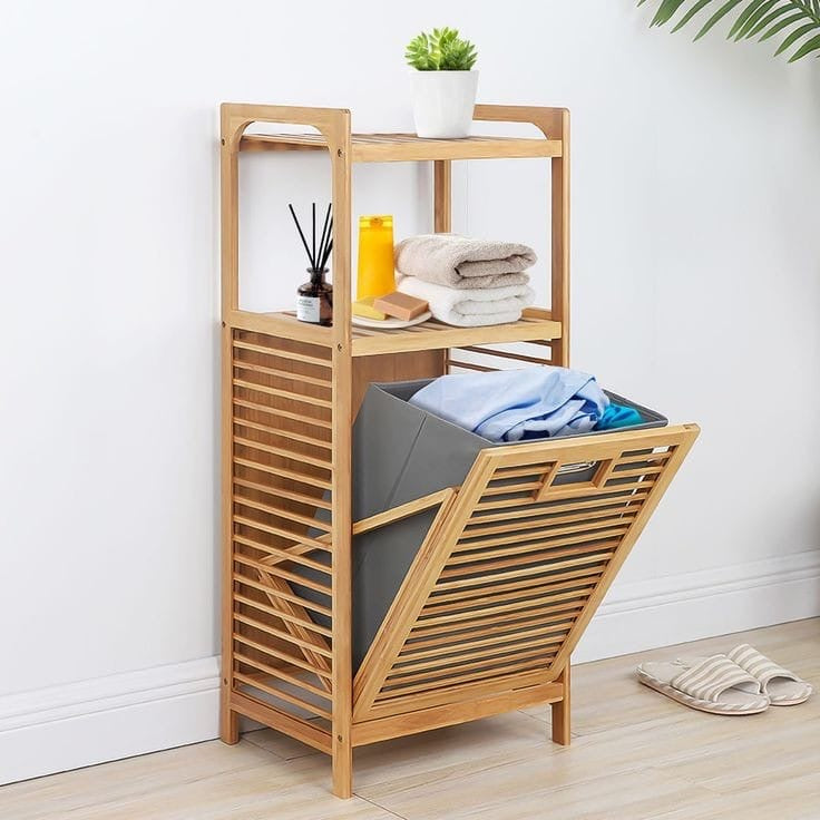 Tilt Out Laundry Hamper. Bamboo Laundry Hamper with Storage Shelves. Laundry Hamper Cabinet Tilt Out Basket with Removable Liner Bag