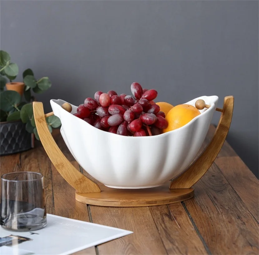 HANGING CERAMIC SALAD BOWL WITH BAMBOO STAND PORCELAIN FRUIT DESSERT TABLEWARE