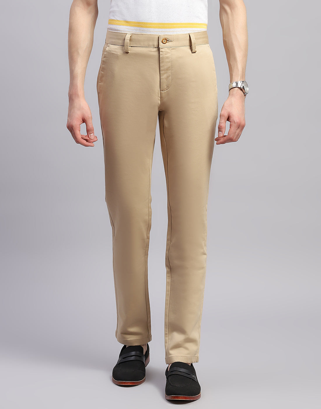 Men Beige Solid Regular Fit Trouser