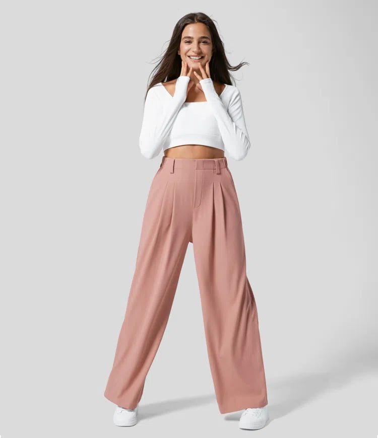 High Waisted Plicated Side Pocket Wide Leg Waffle Work Pants