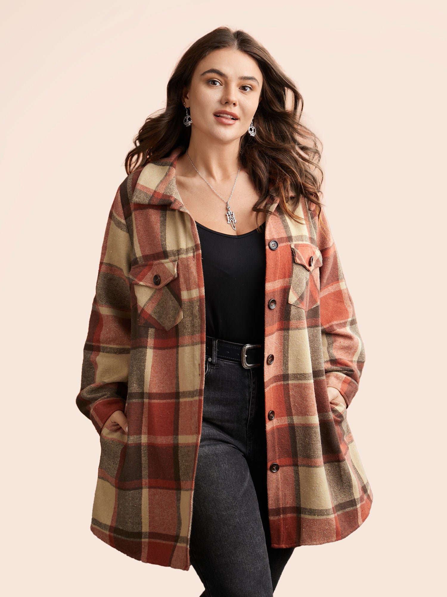 Plaid Chest Pockets Long Jacket