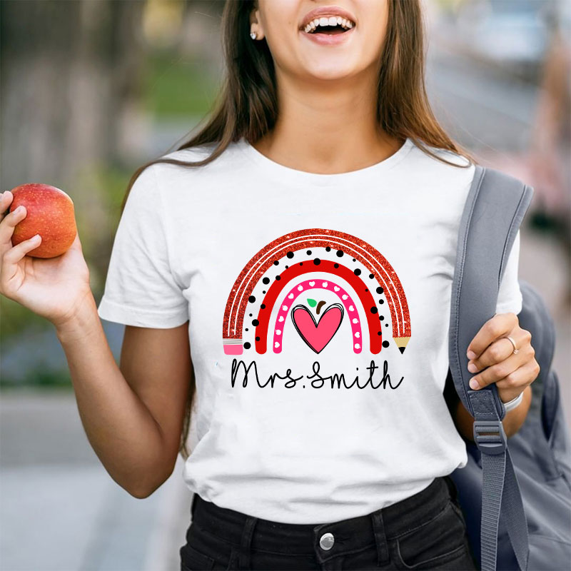 Personalized Rainbow Pencil Heart-Shaped Apple Teacher T-Shirt