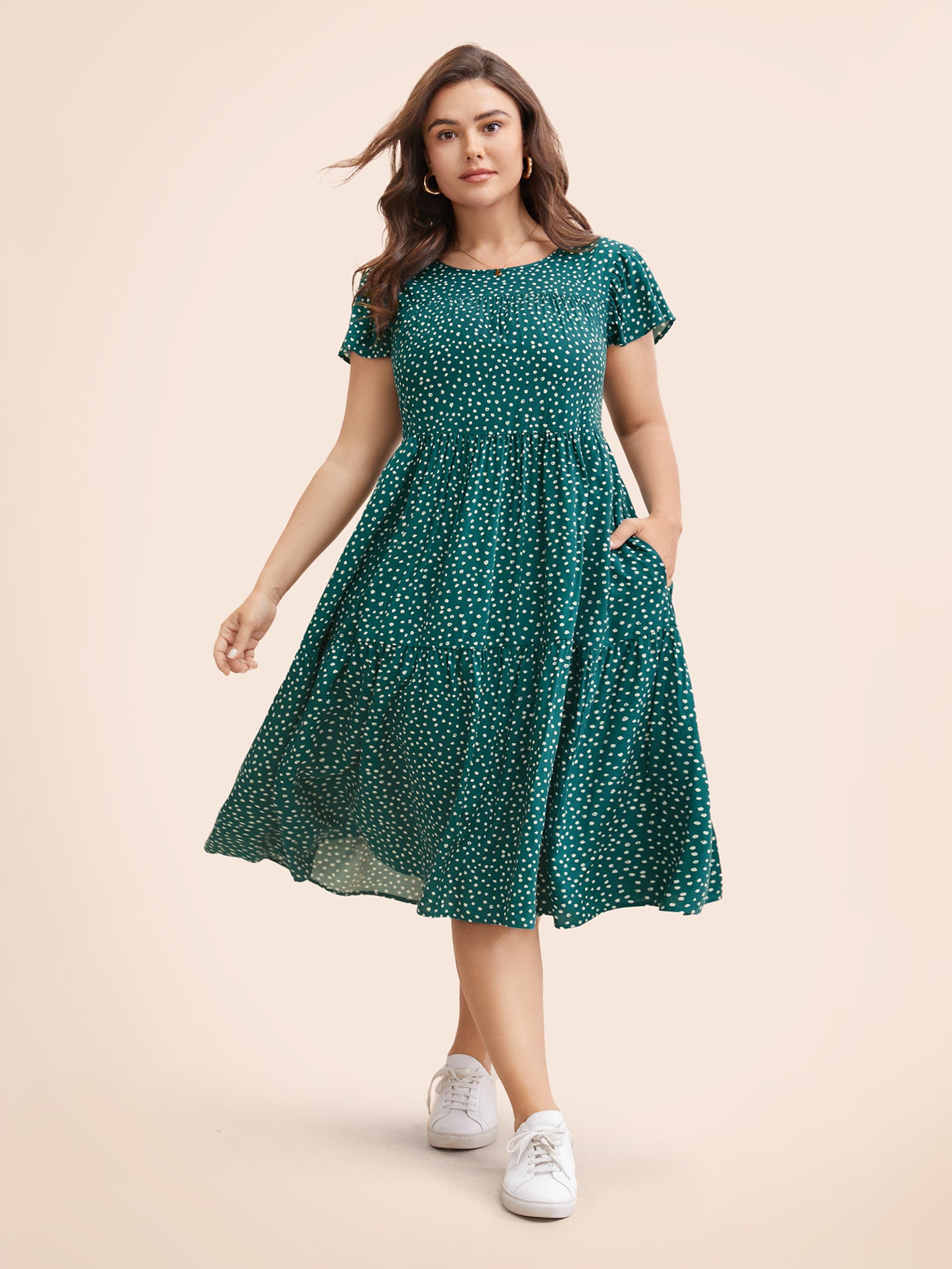 Polka Dot Pocket Cap Sleeve Gathered  Layered Dress