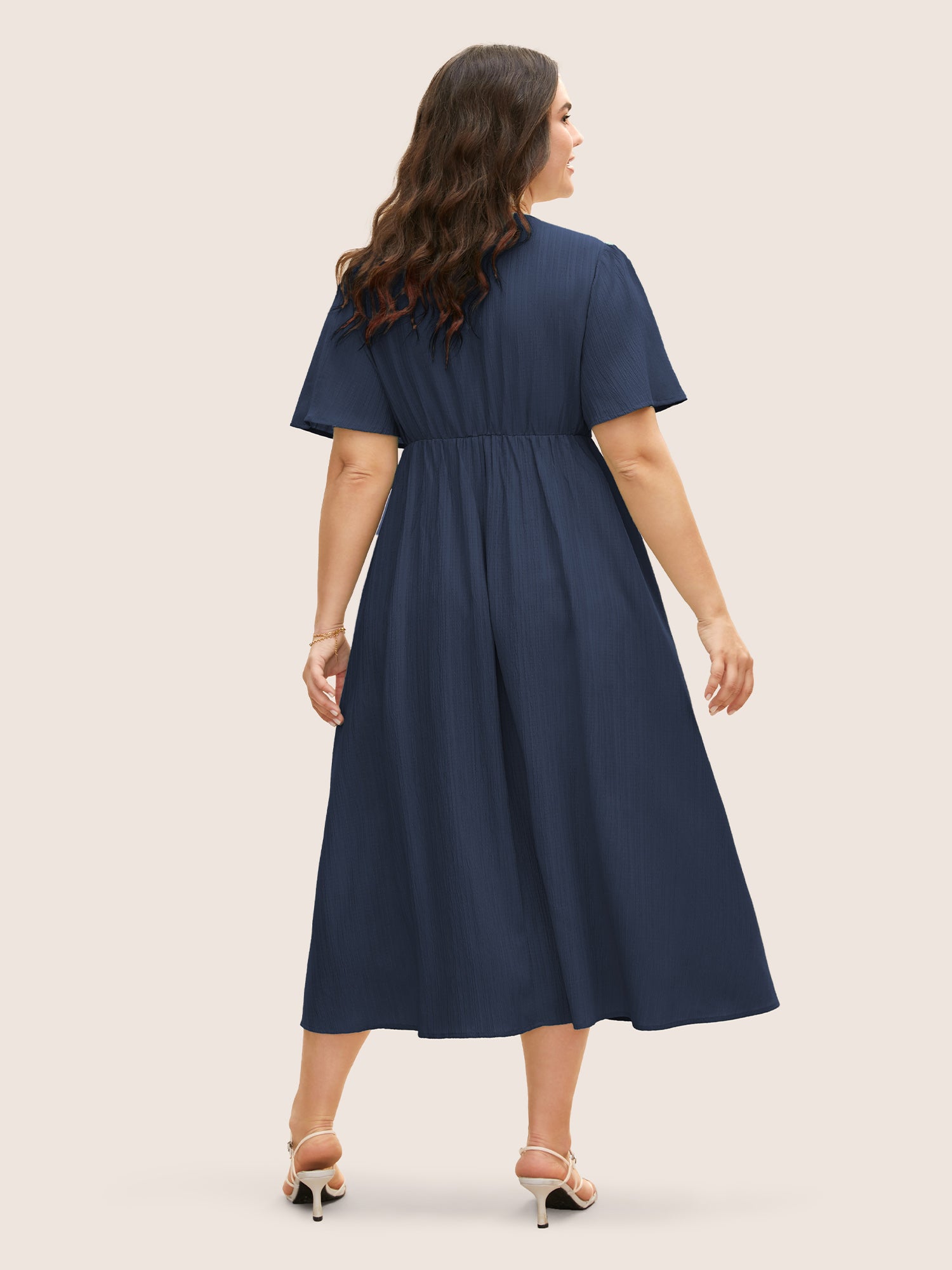 V Neck Button Detail Flutter Sleeve Dress