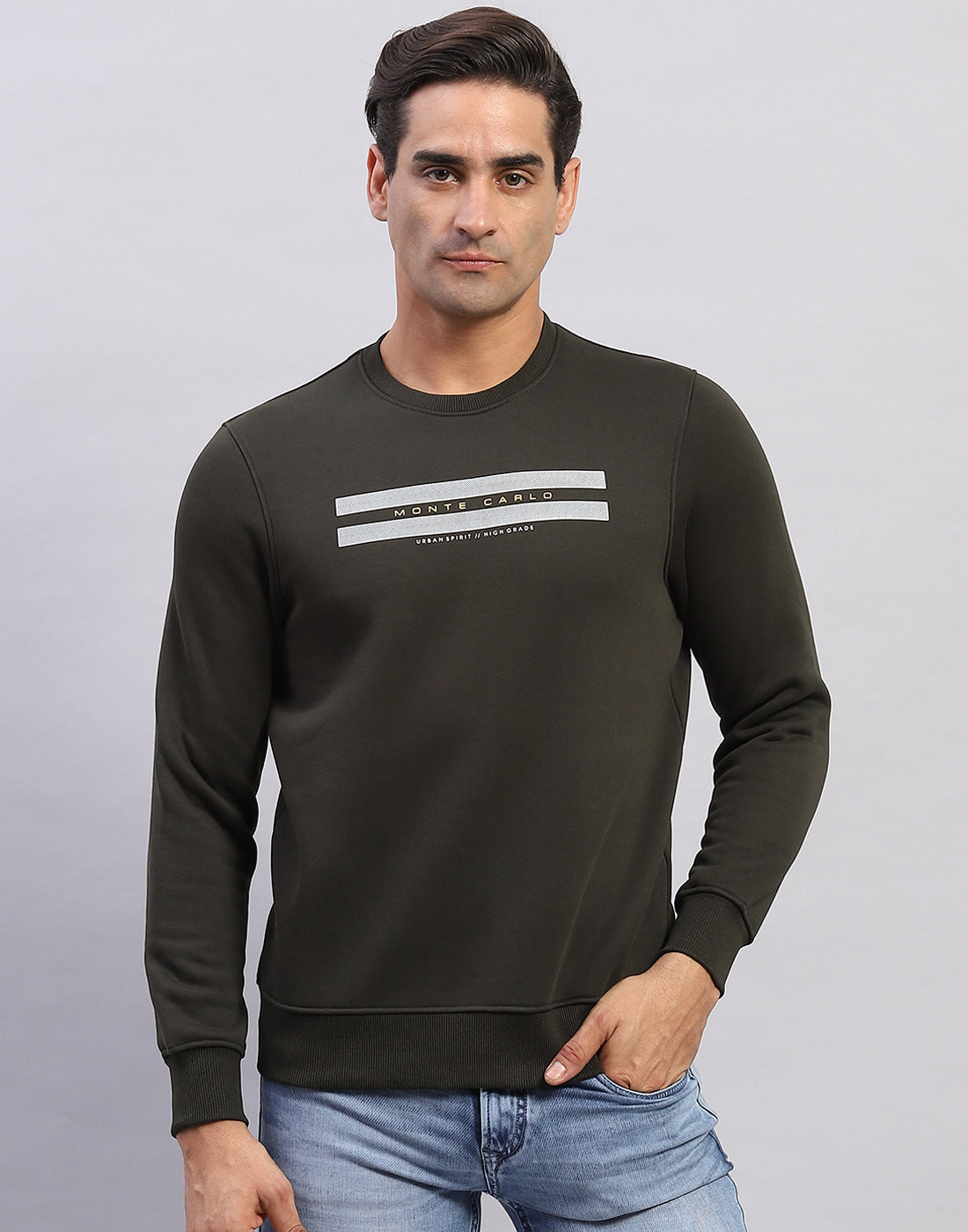 Men Olive Printed Round Neck Full Sleeve Sweatshirt