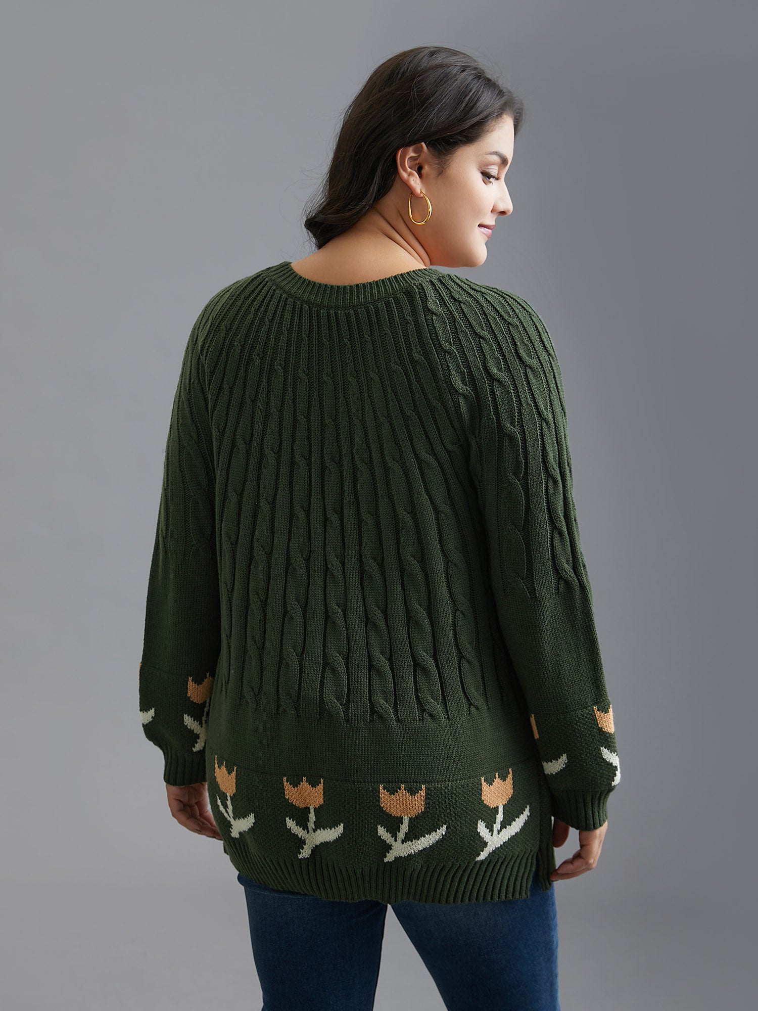 Cable Knit Floral Ribbed Hem Pullover