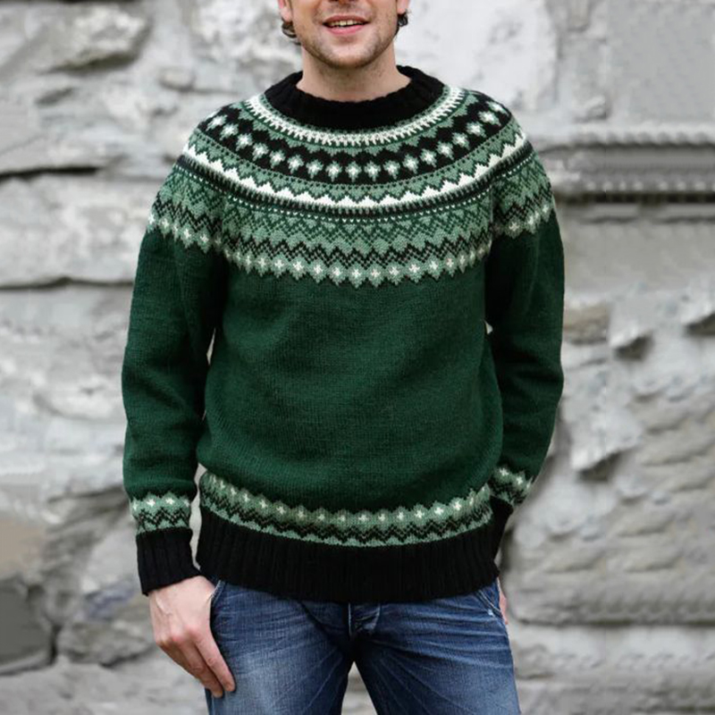 Men'S Vintage Green Knitted Jacquard Crew Neck Sweater