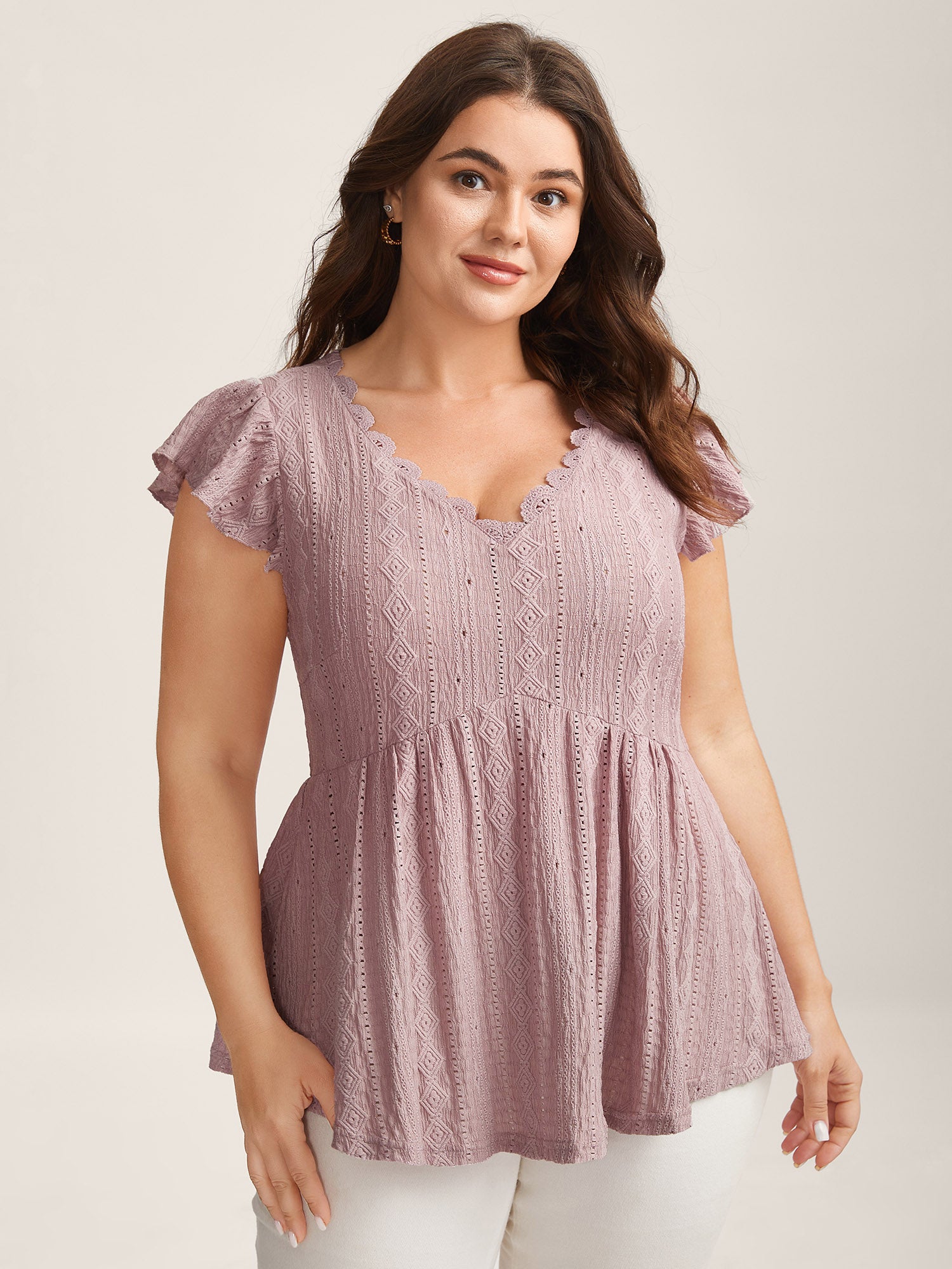 Eyelet Trim Textured Flutter Sleeve Top