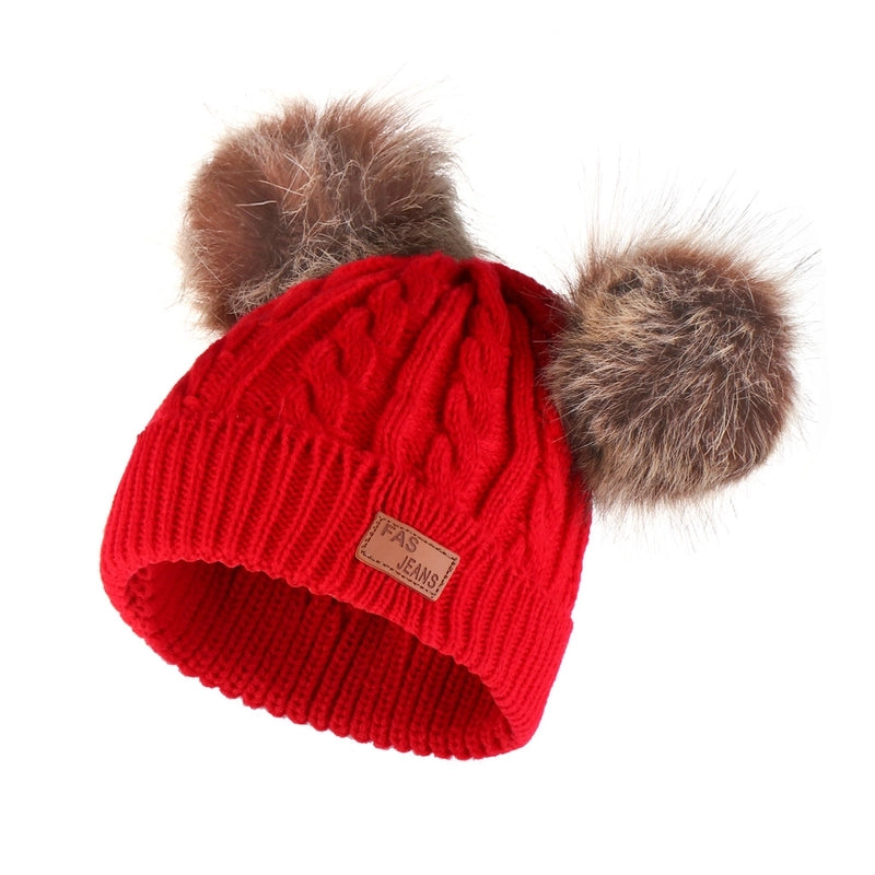 Autumn And Winter Children's Thickened Wool Hat Ear Double Hair Ball Warm Ear Protection Knitted Hat Set With Standard Solid Color Hat