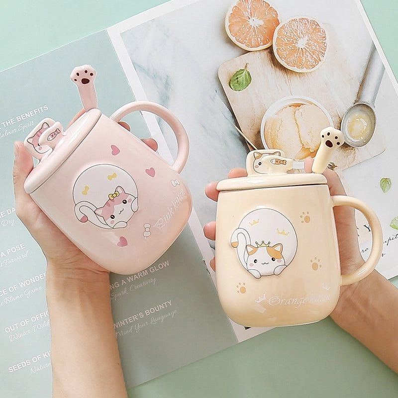Cat Mug With Lid Spoon Ceramic Cup Creative Personality Trendy Office Cartoon Ins Household Coffee Cup
