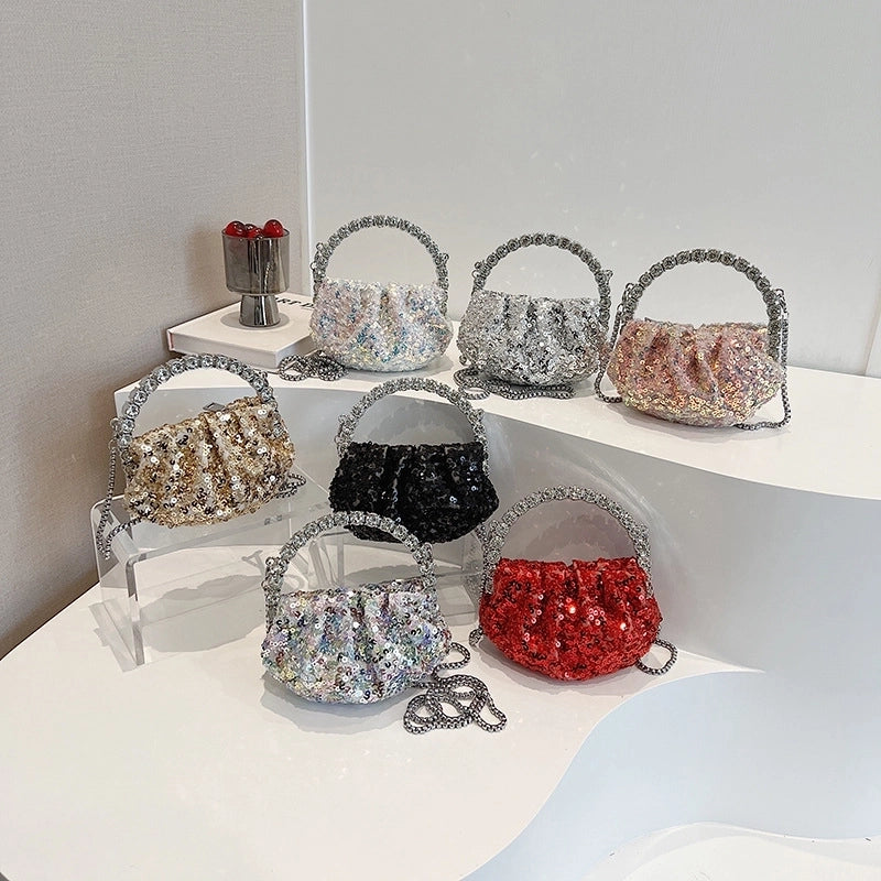 Pink Silver Black Pu Leather Solid Color Sequins Shell Evening Bags