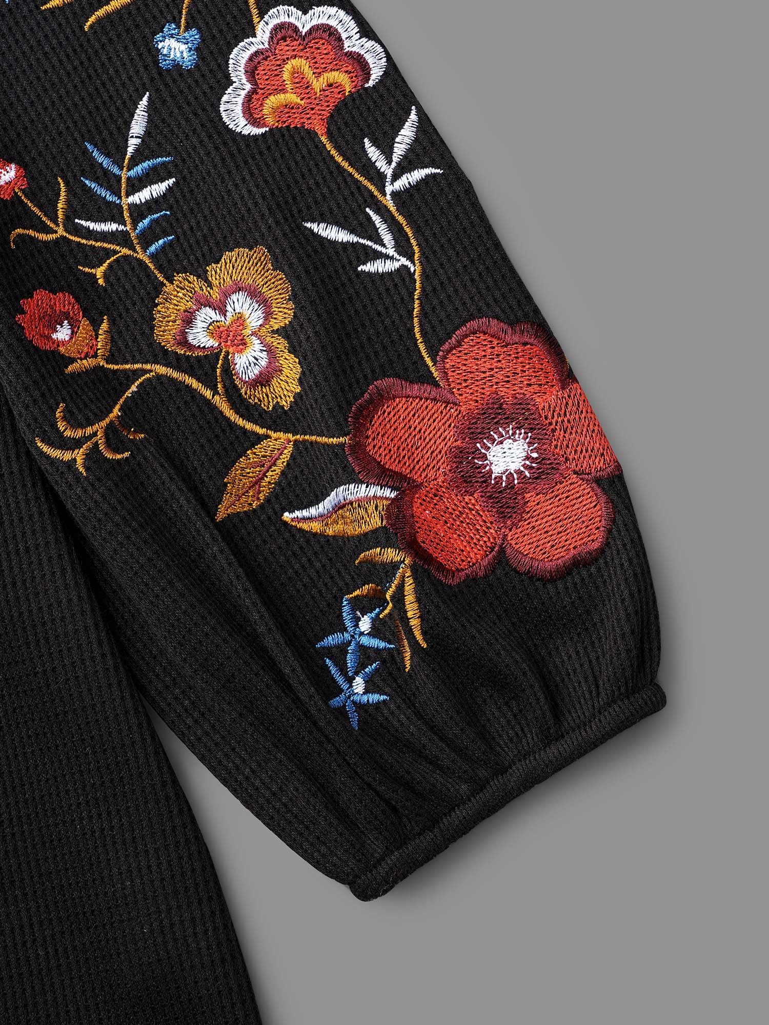 Waffle Knit Floral Embroidered Top