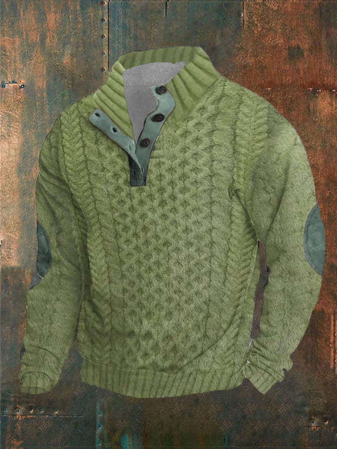 Men's Solid Color Print Button Stand Collar Sweatshirt