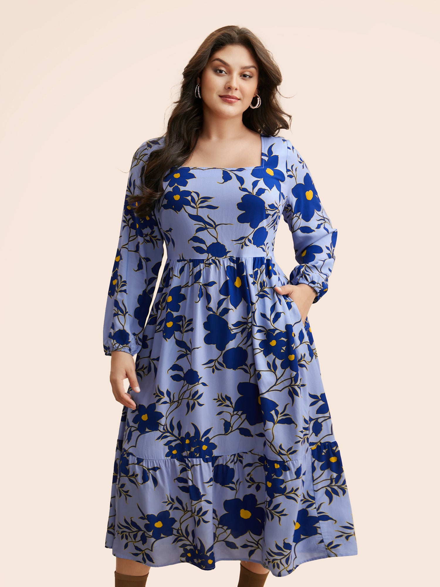 Square Neck Floral Patchwork Ruffle Hem Dress
