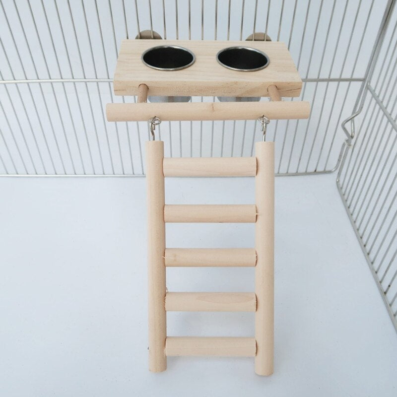 Bird Wood Ladder Toy With Stainless Steel Feeding Bowl