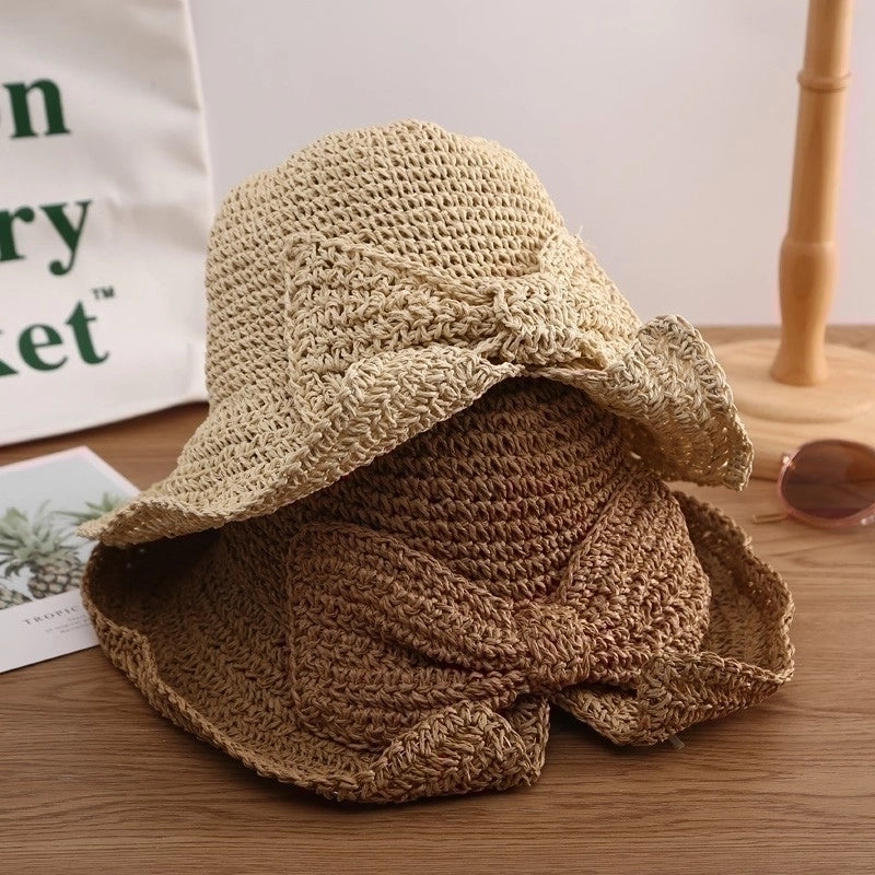 Women's Pastoral Solid Color Bowknot Wide Eaves Straw Hat