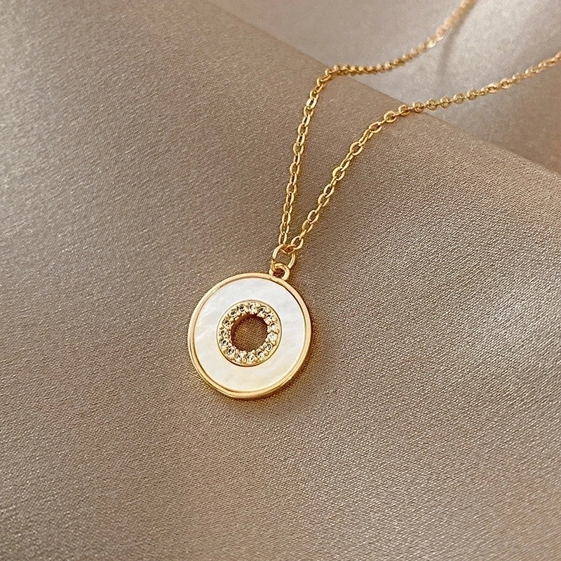 Elegant Minimalist Geometric Titanium Steel Plating Inlay Artificial Pearls Shell Zircon Necklace